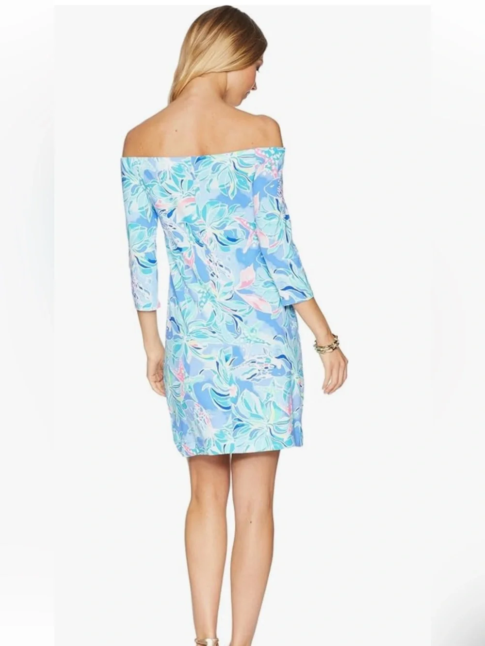 Lilly Pulitzer Off-Shoulder Floral Cover-Up in Light Blue and Pastels - Picture 3 of 6
